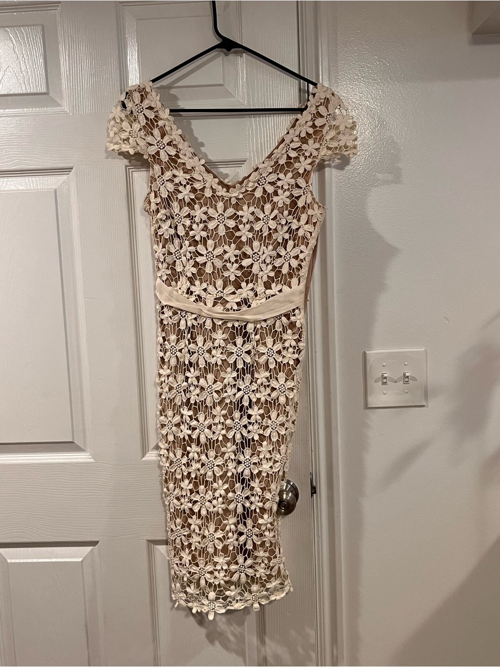 Cream Floral Crochet Midi Dress with V-Neck